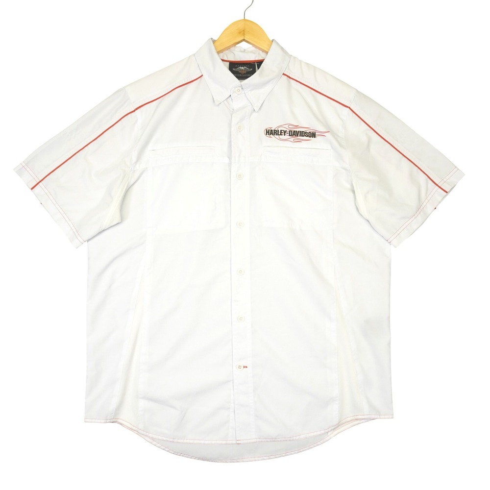 Harley Davidson Button Shirt Mens L White Orange Flame Embroidered Ripstop